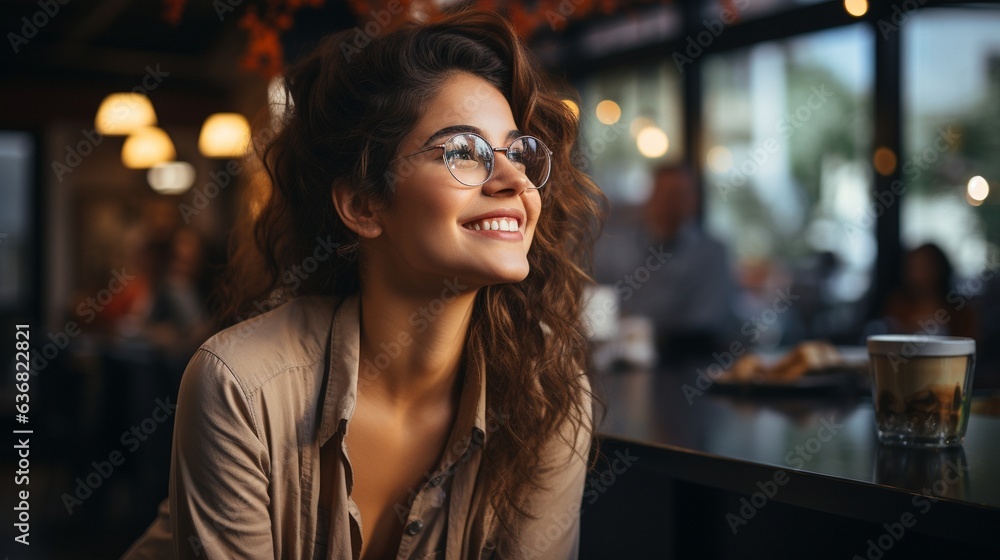 Businesswoman grinning as she smells coffee in a cafe. Businesswoman grinning as she smells coffee in a cafe.