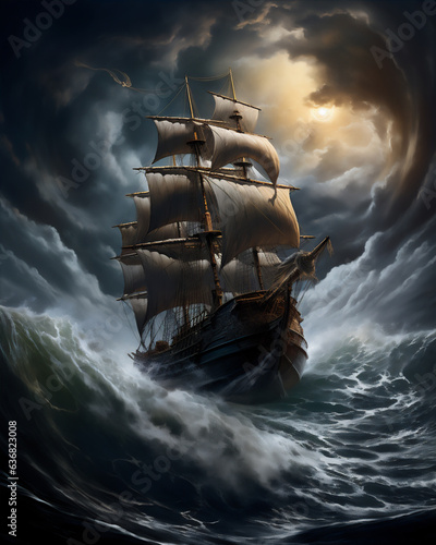 high sea with giant dramatic wave in the storm, a huge pirate sailing ship sailed above it, hyper realistic, dramatic light and shadows, sunset behind the storm clouds, create using generative AI tool