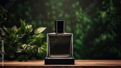 front view of perfume bottle on wooden table with plant background for mockup design