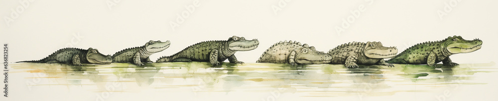 Obraz premium A Minimal Watercolor Banner of a Row of Alligators on a White Background