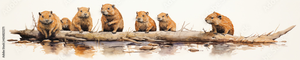 A Minimal Watercolor Banner of a Row of Beavers on a White Background A Minimal Watercolor Banner of a Row of Beavers on a White Background