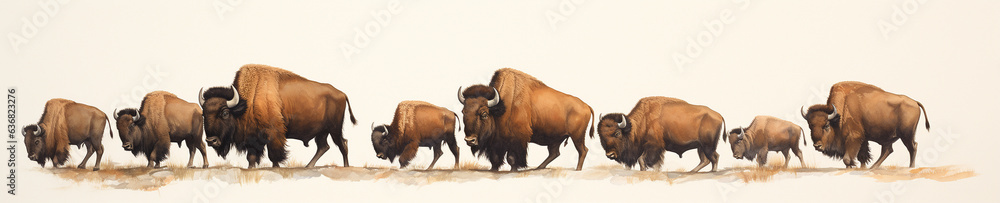 A Minimal Watercolor Banner of a Row of Bison on a White Background A Minimal Watercolor Banner of a Row of Bison on a White Background