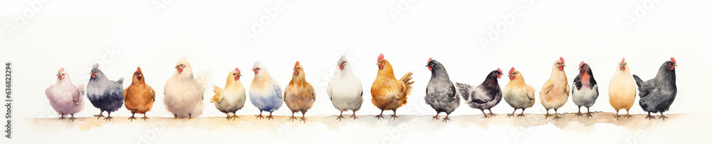 A Minimal Watercolor Banner of a Row of Chickens on a White Background