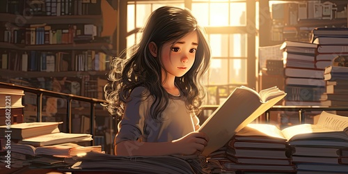 illustration of girl is reading book in a library, generative AI