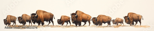 A Minimal Watercolor Banner of a Row of Bison on a White Background