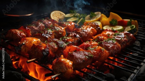 front view of grilled barbeque with melted barbeque sauce and cut vegetables, blur background
