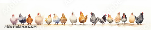 A Minimal Watercolor Banner of a Row of Chickens on a White Background