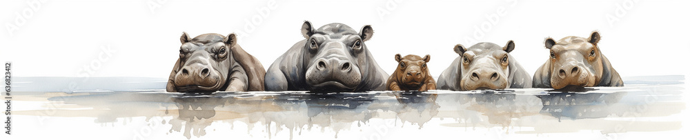 Naklejka premium A Minimal Watercolor Banner of a Row of Hippos on a White Background