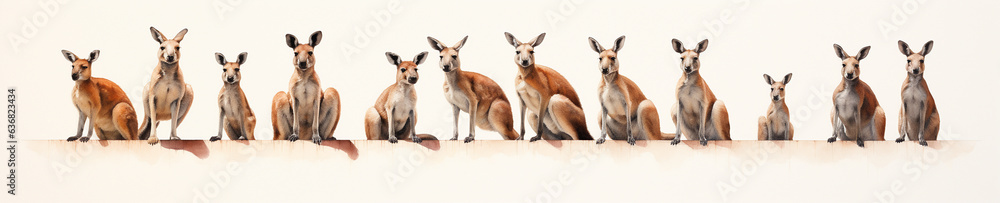 A Minimal Watercolor Banner of a Row of Kangaroos on a White Background A Minimal Watercolor Banner of a Row of Kangaroos on a White Background