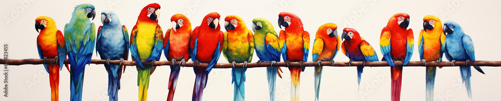 A Minimal Watercolor Banner of a Row of Macaws on a White Background
