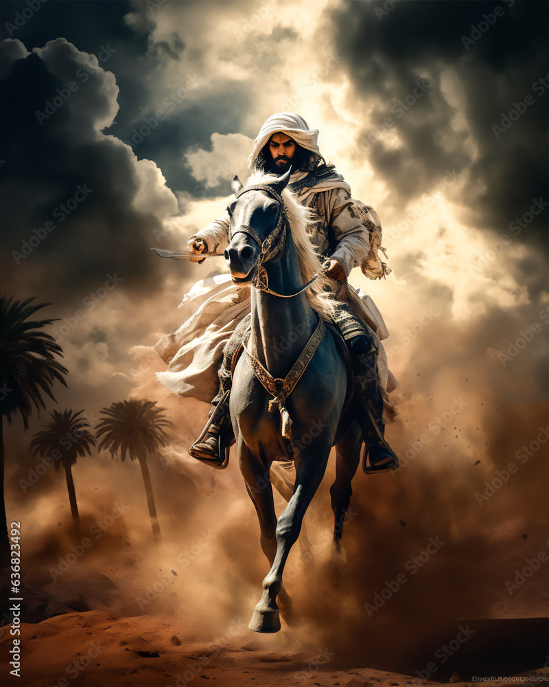 an Arabian warrior with sword raised up on flying jump horse in the Arabian desert at sunset, side angle, scattering flying huge dust, hyper realistic, dramatic light and shadows.