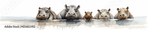 A Minimal Watercolor Banner of a Row of Hippos on a White Background