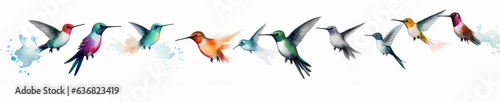 A Minimal Watercolor Banner of a Row of Hummingbirds on a White Background