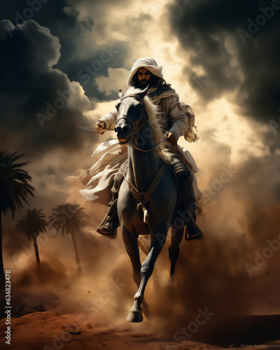 an Arabian warrior with sword raised up on flying jump horse in the Arabian desert at sunset, side angle, scattering flying huge dust, hyper realistic, dramatic light and shadows.