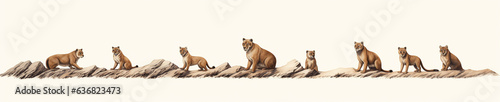 A Minimal Watercolor Banner of a Row of Mountain Lions on a White Background