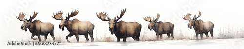 A Minimal Watercolor Banner of a Row of Moose on a White Background