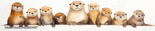 A Minimal Watercolor Banner of a Row of Otters on a White Background © Nathan Hutchcraft