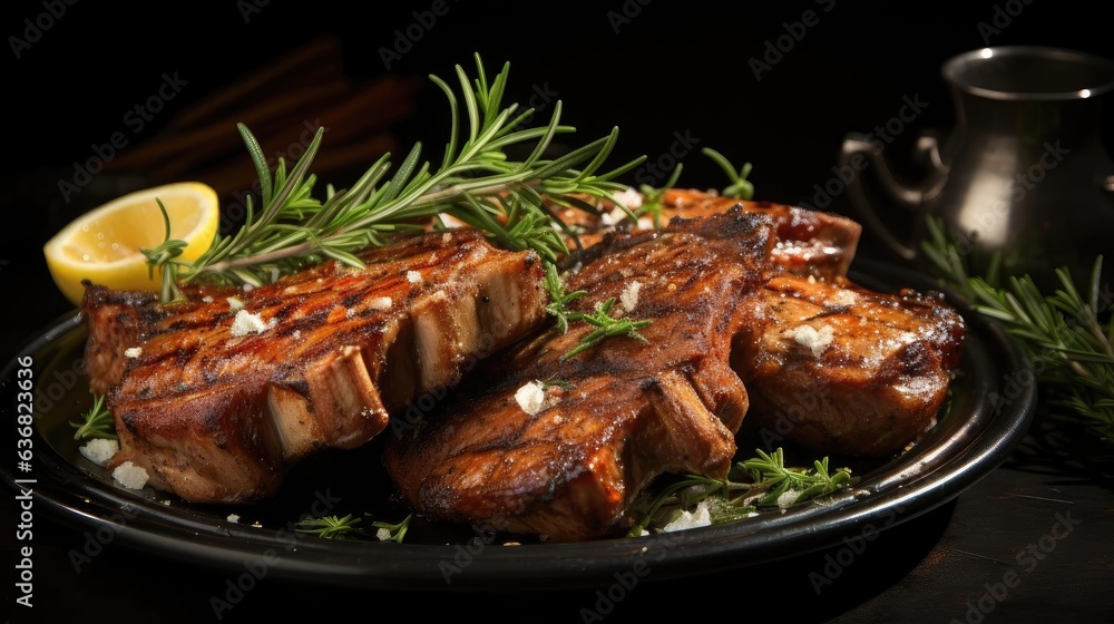 Front view of Grilled lamb chops with barbeque sauce on a plate with black and blurry background
