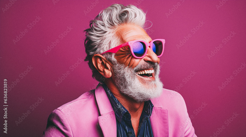 Old and trendy man, smiling, enthousiastic, studio, vivid color background