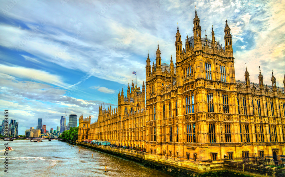 The Palace of Westminster in London at the River Thames, England