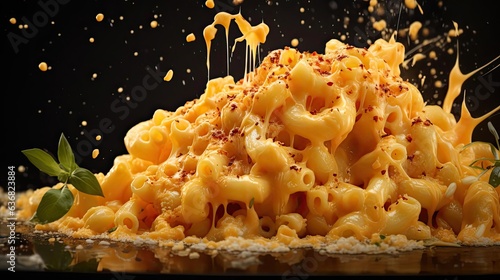 Front view of macaroni full of melted cheese sprinkled with savory herbs on a black and blurred background
