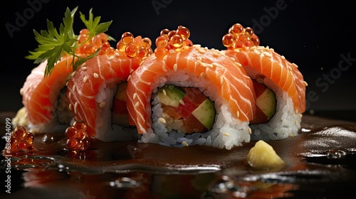 Front view of fresh sushi full of meat and vegetables on wooden table with black and blur background