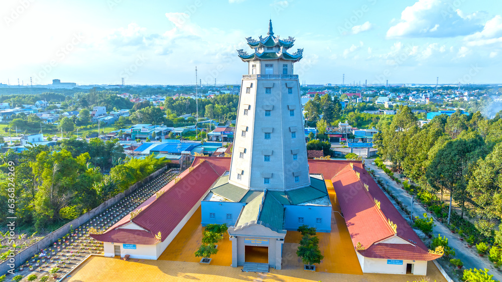 Aerial view of Dai Tong Lam Pagoda in Ba Ria Vung Tau, Vietnam. A beautiful buddhist temple. A mixed architecture of China, India and Vietnam