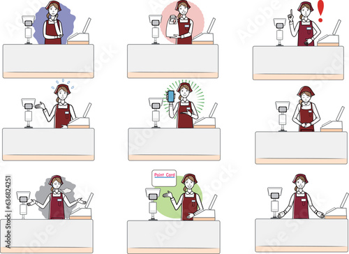 レジ打ち業務の女性従業員のイラストセット