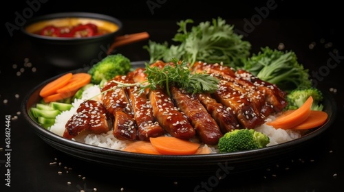Front view of white rice with teriyaki beef and cut vegetables on a plate with black and blurry background