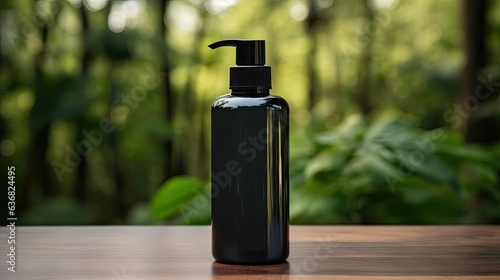 Front view of hand sanitizer bottle for mockup on wooden table with leaf ornament and blur background