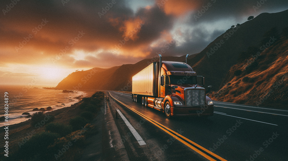 Truck driving down a west coast road at sunny day