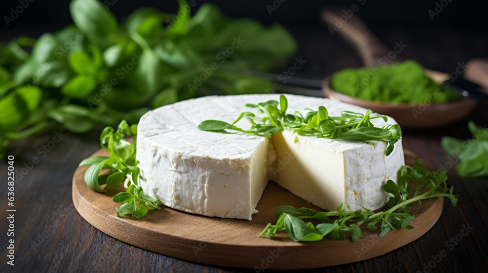 Goat cheese: a small ivory round. Its surface hints at a crumbly texture, while a delightful blend of tangy and creamy flavors awaits within.