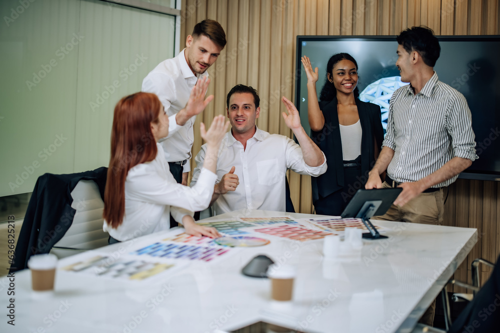 Fototapeta premium Diverse team apply design thinking to gather insights, propose solutions. Evaluate, create prototype