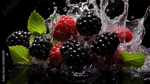 Front view of fresh blackberry and redberry splashed with water on black background and blur
