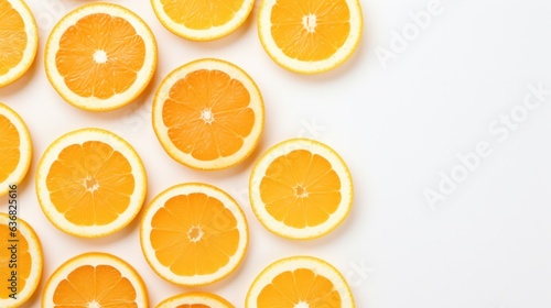 top view of slices of oranges on white background.