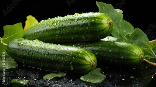 Front view of fresh green cucumber splashed with water on black and blurred background