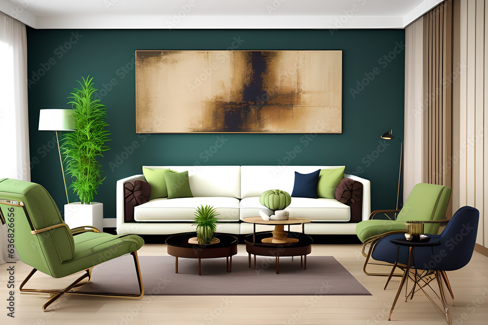 Luxury and modern home interior with design green sofa, navy commode, tables, pouf and accessroies. A lot of plants in the room. Abstract painting. Stylish decor of living room with brown parquet. Luxury and modern home interior with design green sofa, navy commode, tables, pouf and accessroies. A lot of plants in the room. Abstract painting. Stylish decor of living room with brown parquet.