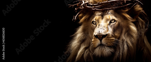 Fotografiet Jesus Christ as the Lion of Judah, Wearing the Crown of Thorns, Reflecting Christian Redemption