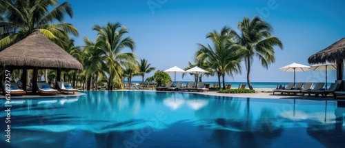 Luxurious swimming pool and loungers umbrellas near beach and sea with palm trees and blue sky, Generative AI © Onchira