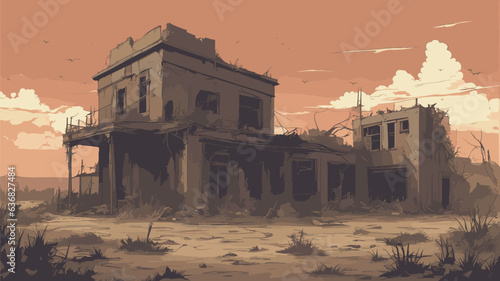 background image depicting a post-apocalyptic wasteland, with crumbling buildings, overgrown vegetation, and hints of a once thriving civilization. Vector illustration