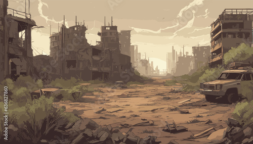 background image depicting a post-apocalyptic wasteland, with crumbling buildings, overgrown vegetation, and hints of a once thriving civilization. Vector illustration
