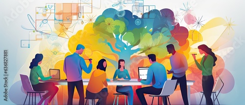 colorful creative agency business brain storm meeting people with icon line presentation young people team discussing roadmap, Generative ai