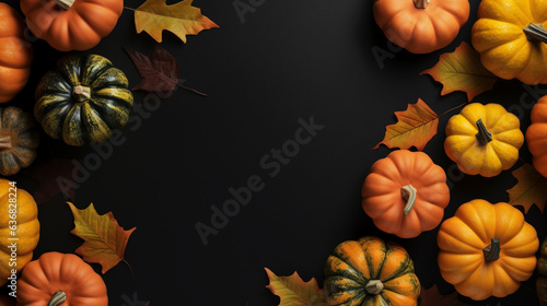Halloween  Autumn decoration concept made from autumn leaves and pumpkin on dark background