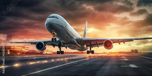 Skybound ventures. Modern aviation and travel. Sunset soar. Air travel majestic departure. Wings of adventure. Aviation journey to skies. Business awaits. Aircraft on runway