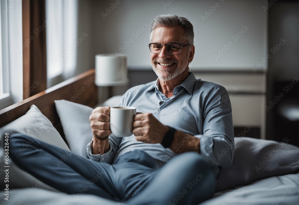 Middle aged man awakening with a cup of fragrant coffee in bed Middle aged man awakening with a cup of fragrant coffee in bed