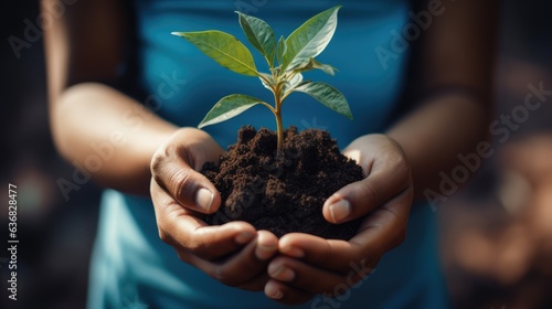 Taking care of the environment, close up hands of woman holding young plant sprout growing on earth in palm, AI generative