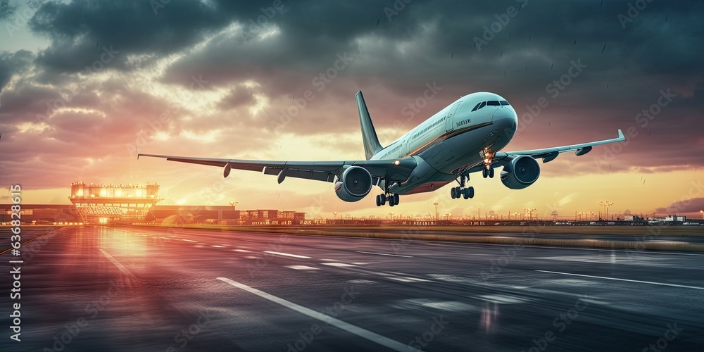 Obraz premium Skybound ventures. Modern aviation and travel. Sunset soar. Air travel majestic departure. Wings of adventure. Aviation journey to skies. Business awaits. Aircraft on runway