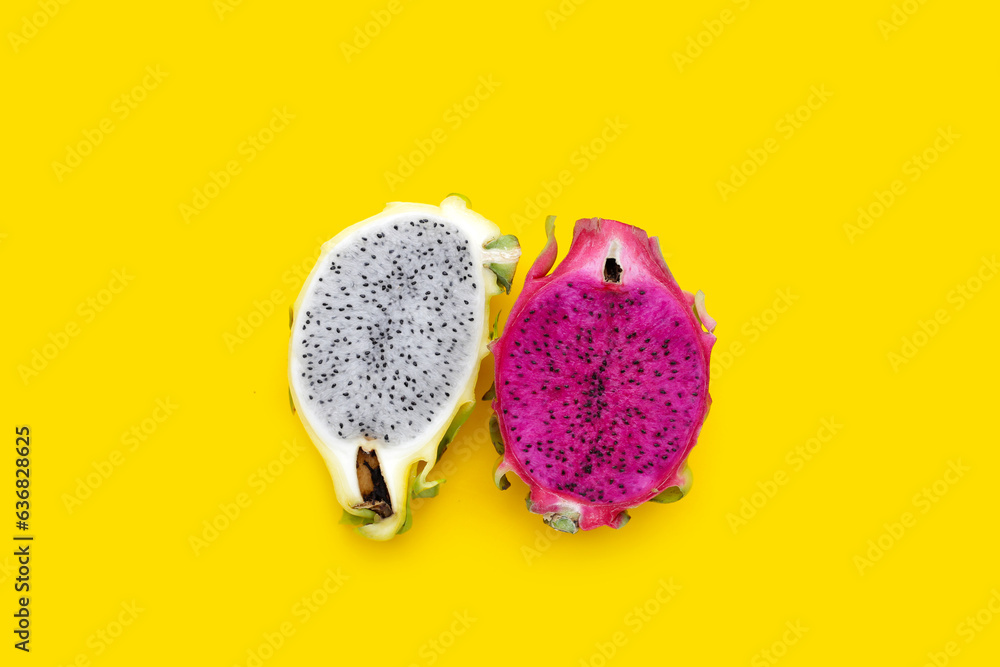 Yellow and red dragon fruit or pitaya, Tropical fruit on yellow background.