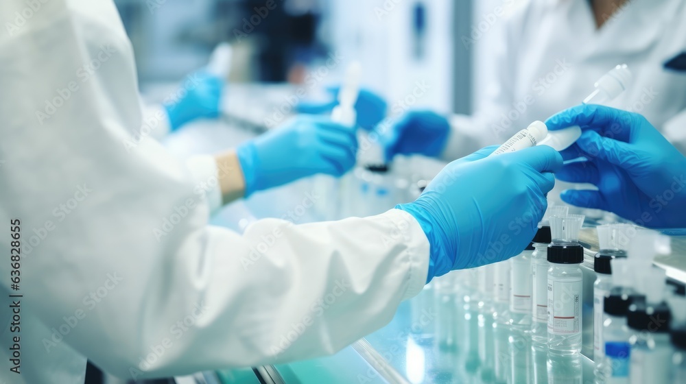 hand of staff check Medical vials on production line at pharmaceutical factory, Pharmaceutical machine working pharmaceutical glass bottles production line, Generative AI hand of staff check Medical vials on production line at pharmaceutical factory, Pharmaceutical machine working pharmaceutical glass bottles production line, Generative AI