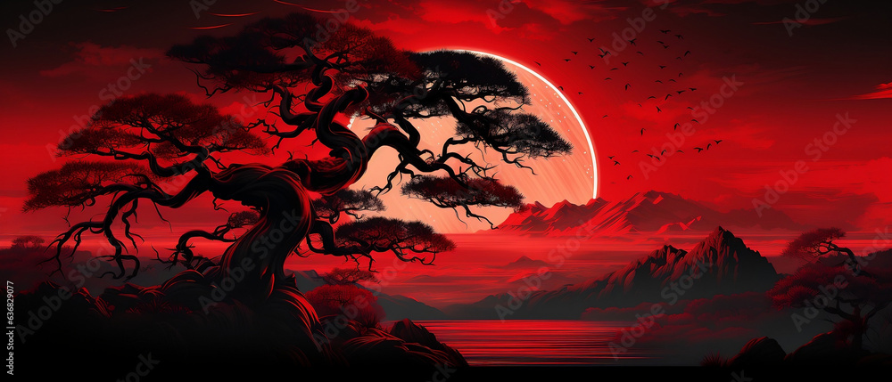 Enchanting Halloween Moonlit Tree, Spooky Silhouette in a Fiery Night Sky